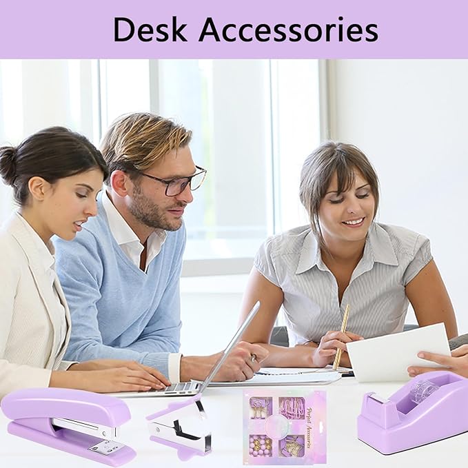 suniya Office Supplies,Desk Accessories,Tape Holder,Stapler,Scissor,Staple Remover,Box of Binder Clips,Staples,Ballpoint Pen,Sticky Notes,Clear Tape,Ruler,Office Supplies Set Purple
