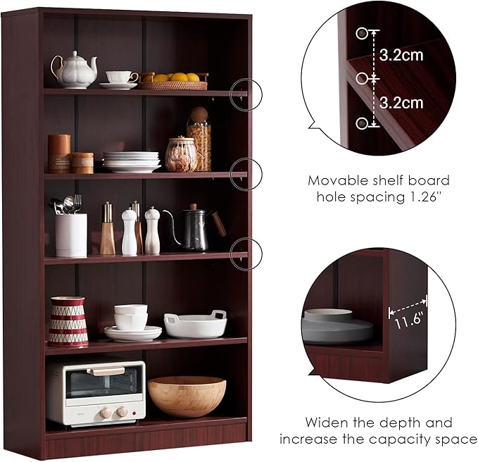 Farini Mahogany Bookshelf for Bedroom 5 Shelf Office Bookcase 60 Inches Tall Modern Wood Bookshelf for Living Room 5 Tier Wide Manga Bookshelves Library Bookcase