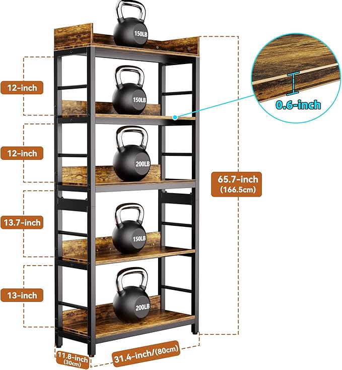 Aquzee Bookshelf, 66" H 5-Tiers Heavy Duty Industrial Shelving Wood & Metal Bookcase, Rustic and Black Tall Shelf Units for Home, Office, Living Room