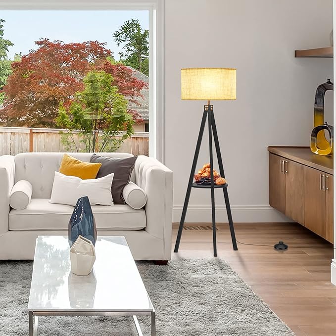 LEPOWER Tripod Floor Lamp, Mid Century Wood Standing Lamp, Modern Design Shelf Floor Lamp for Living Room, Bedroom, Office, Flaxen Lamp Shade with E26 Lamp Base Black