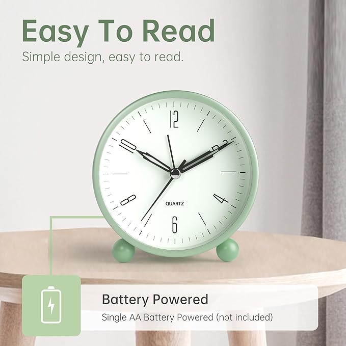 Analog Alarm Clock, 4 inch Super Silent Non Ticking Small Clock with Night Light, Battery Operated, Simple Design, Old Fashioned Style Ideal Decor, for Bedroom, Bedside, Desk, Adult, Kid, Gift, Green