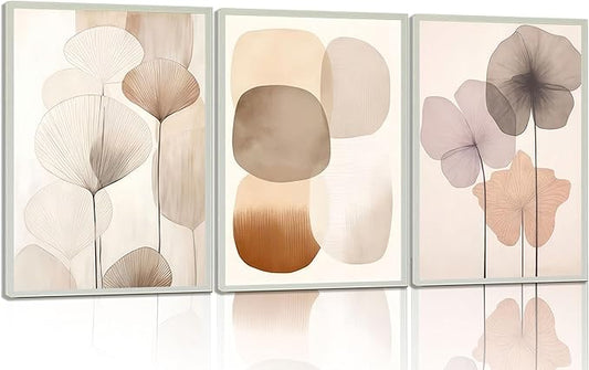 EVPYXFUT 3pcs Neutral Beige Wall Art Abstract Botanical Canvas Prints Modern Simple Flower Paintings Poster Wabi-sabi Geometric Wall Decor Boho Plant Pictures For Bedroom living room Unframed