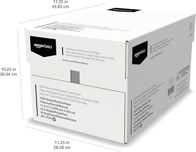Amazon Basics 30% Recycled Multipurpose Copy & Print Paper, 11 x 17 Inches, 20 lb Weight, 92 Bright, White, 2500 Sheets (5 Reams)
