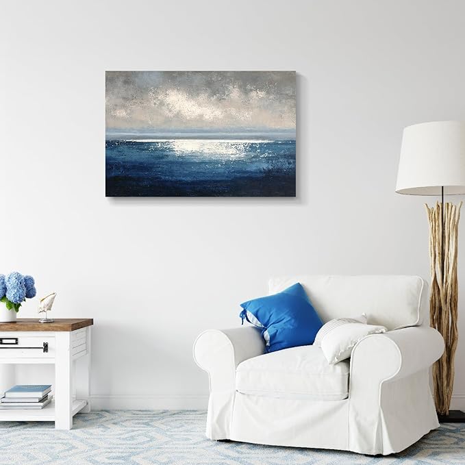 gaosoul Modern Blue Abstract Canvas Wall Art Hand Painted Oil Seascape Prints with Gradient Ocean Blues Misty Gray Sky Gallery Wrapped Wall Decor for Living Room Bedroom Office Framed 24x16in