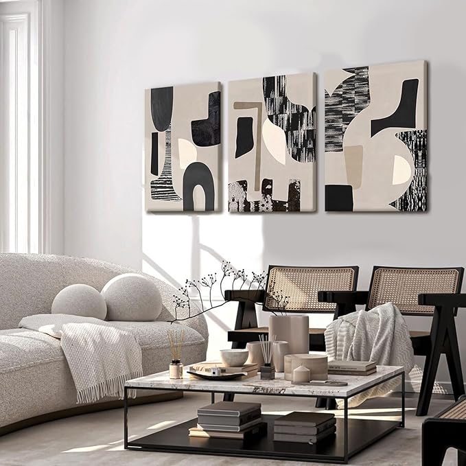 NCCXNCC 3Pcs Black and Beige Abstract Canvas Wall Art Bohemian Living Room Wall Decor Paintings Modern Geometric Posters Print Neutral Minimalist Artwork Pictures Bedroom Office Decor 16x24 Inch