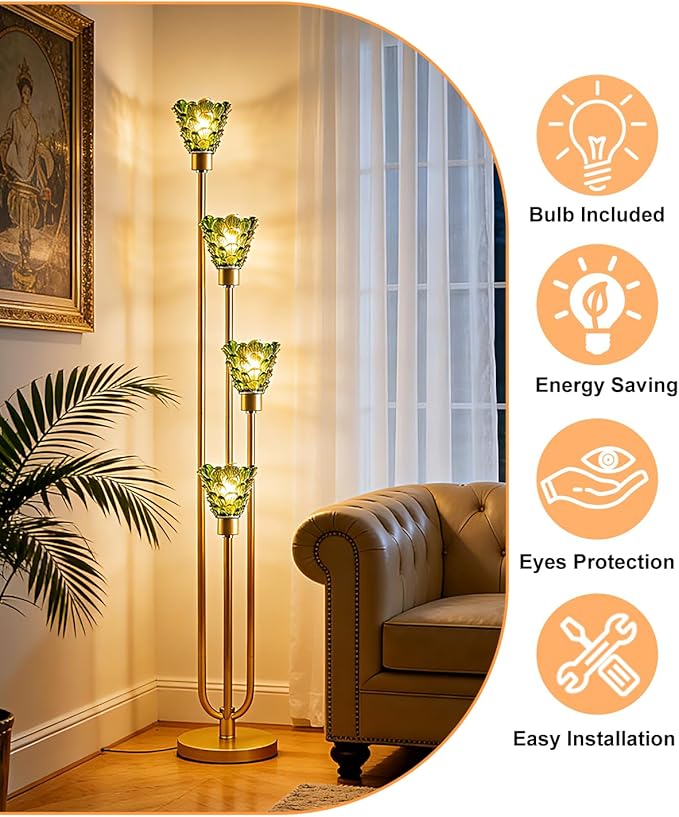 Lightdot Glass Floor Lamp Dimmable 4-Lights Gold with Green Glass Shade 3000K Bulbs Included Mid Century Modern Standing Tall Lamp for Living Room/Bedroom/Sofa Beside/Corner Decor