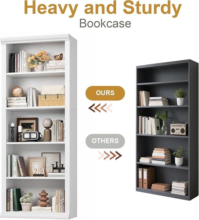 Rresyet 5 Tier Bookshelf and Bookcase, Tall Modern Bookcase with Storage Shelves, Sturdy Open Display Shelf for Living Room, Bedroom, Home Office, Dining Room Decor, White