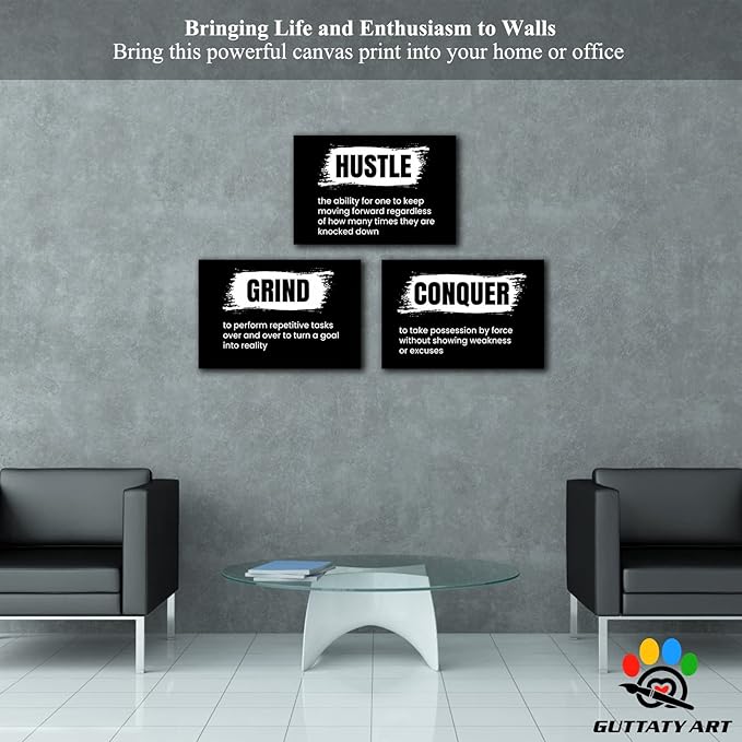 Office Wall Art - 3 Panel Motivational Wall Art, Inspirational Quotes Canvas Art for Home Office Wall Decor, Positive Quotes Wall Decor, Entrepreneur Grind Hustle Execution Poster Frame (16”x24”x3Pcs)
