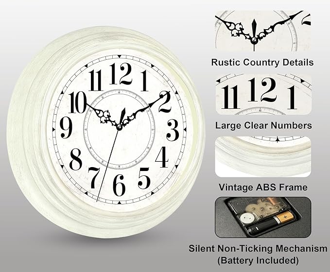 Vintage Wall Clock 13 Inch Quartz Silent Non-Ticking Analog Clock Battery Operated Rustic Round Decorative Clock for Living Room Kitchen Home Office Classroom
