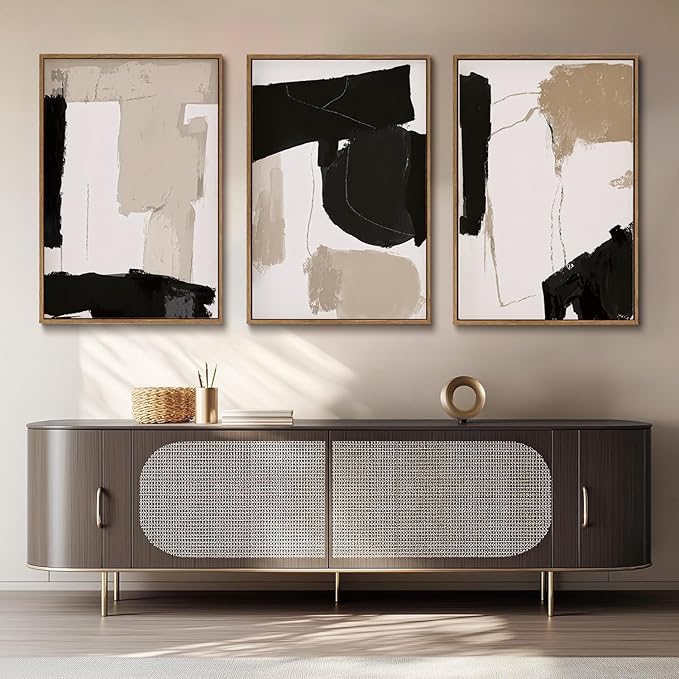 myusuar 3 Piece Large Modern Abstract Canvas Framed Wall Art For Living Room, Black And Beige Blocks Minimalist Wall Art Decor Posters Prints For Bedroom Office, 24x36in