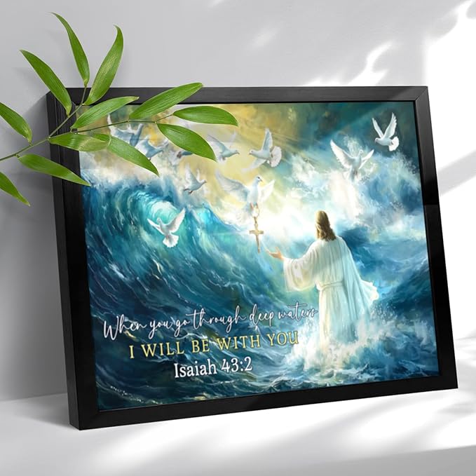 Jesus Walking on Water Canvas Wall Art Christian Wall Art Pigeon and Jesus Painting Pictures Artwork Modern Framed Religious Christian Decor for Living Room Bedroom Church 12x16 Inch