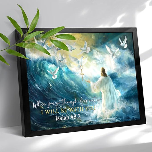 Jesus Walking on Water Canvas Wall Art Christian Wall Art Pigeon and Jesus Painting Pictures Artwork Modern Framed Religious Christian Decor for Living Room Bedroom Church 12x16 Inch