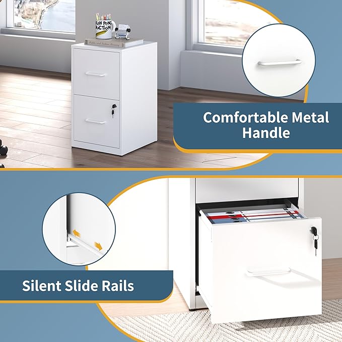 2 Drawer File Cabinet with Lock, Vertical Filing Cabinets for Home Office, Metal Storage Cabinet, Heavy Duty File Cabinet for Under Desk, Amsseble Required, White