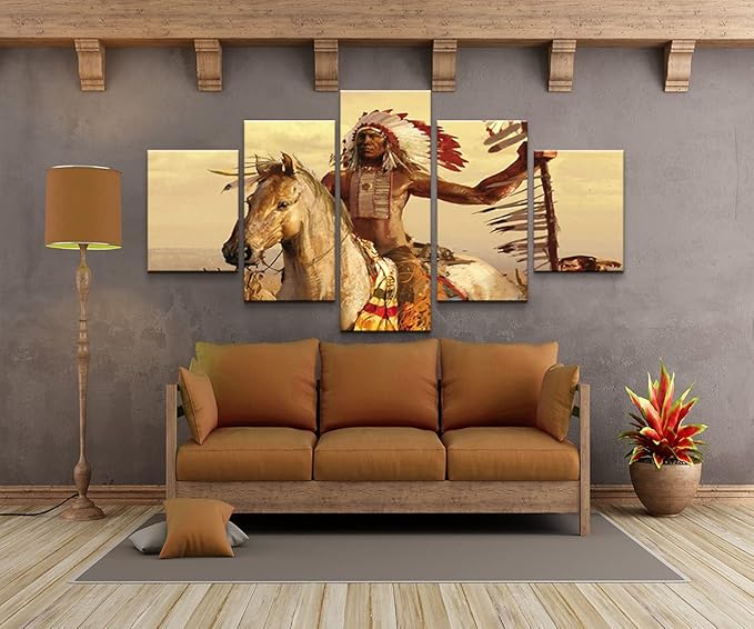 YOUHONG Native American Wall Art | Chief with Horse Design | 5-Panel Set with High-Definition Printing, Ready to Hang for Indian Home Decor, Native American Wall Decor, Size 60''W x 32''H