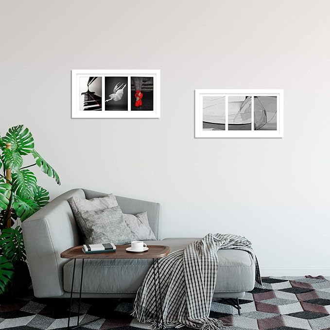 Egofine 8x16 Collage Picture Frame Set of 2, Display Multiple Three 5 x 7 Pictures with Mat or 8x16 Without Mat - Made of Solid Wood with Plexiglass - Horizontal and Vertical Formats for Wall, White