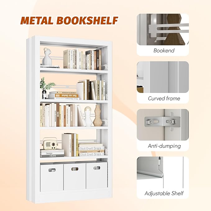 5-Tier Metal White Bookshelf, 71" Tall Library Bookshelf, White Bookshelf with Adjustable Storage Shelves, Modern Bookcase for Living Room, Library, Office, or Bedroom, Includes Book Stoppers (White)