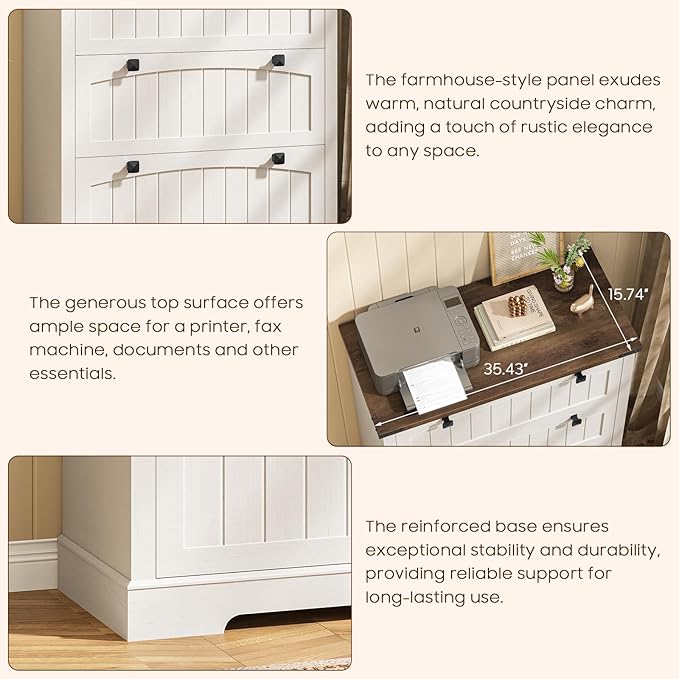 File Cabinet with 3 Drawers, Lateral File Cabinet for Letter/Legal/A4 Size Hanging Files, Large Wood File Storage Cabinets Printer Stand for Home Office, Rustic White