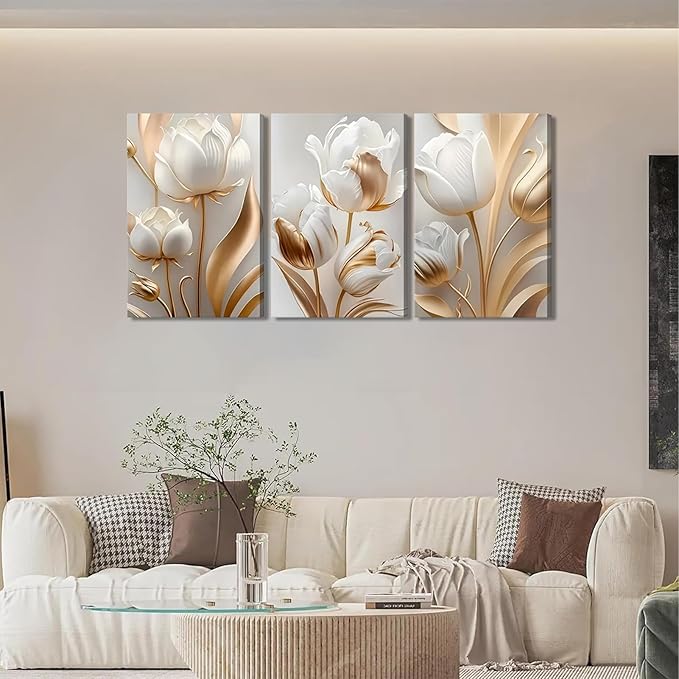 3Pcs Vintage Minimalist Floral Canvas Wall Art White Gold Abstract flowers Wall Decor Pictures Modern Luxury Prints tulip Plants Painting Artwork for Office Home Decoration 16x24in