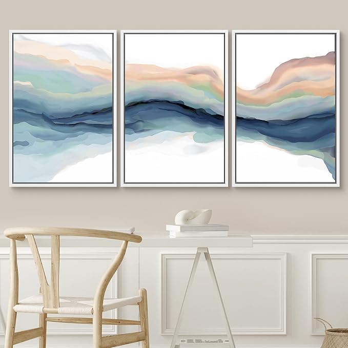 SIGNWIN Framed Canvas Print Wall Art Set Pastel Watercolor Teal Brown Paint Stroke Landscape Abstract Shapes Illustrations Modern Art Decorative for Living Room, Bedroom, Office - 16"x24"x3 White