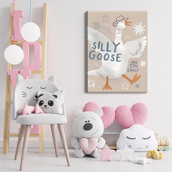 MJONG Funny Nursery Wall Art, Cowboy Silly Goose on the Loose Canvas Prints, Cute Farm Animal Country Wall Decor for Kids Bedroom or Playroom, Rustic Farmhouse Artwork – 12x16in