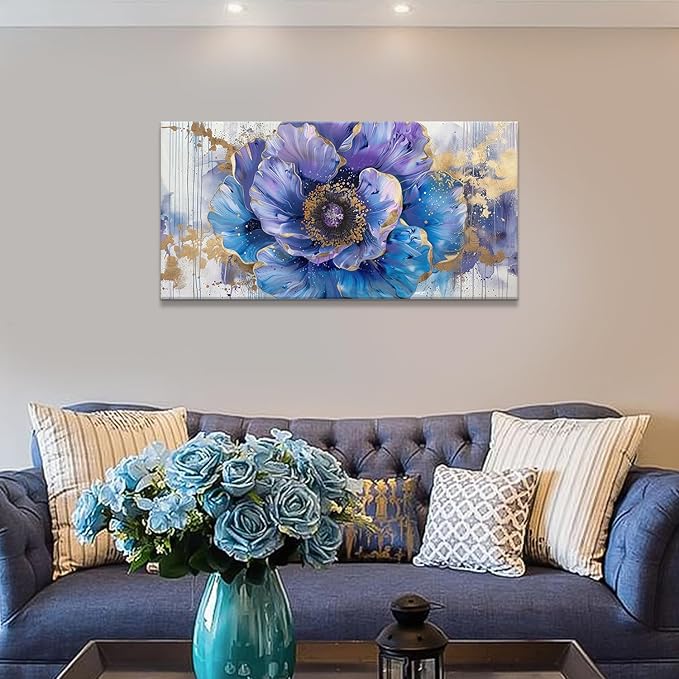 Blue Purple Flower Wall Art Colorful Watercolor Flower Bloom Canvas Painting Bedroom Wildflower Wall Art Home Decor Floral Picture Print Living Room Office Large Framed Artwork