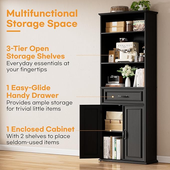 Cyclysio 80" Tall Bookcase, Farmhouse Bookshelves with Drawer and Doors, Floor Standing 6 Shelf Display Storage Cabinet for Home Office, Living Room (1, Black)