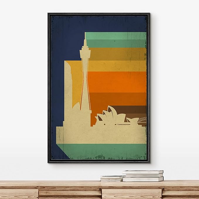 IDEA4WALL Framed Canvas Print Wall Art Retro Vintage Sydney Australia Cultural Building Illustrations Modern Art Contemporary Scenic Warm for Living Room, Bedroom, Office - 24"x36" BLACK