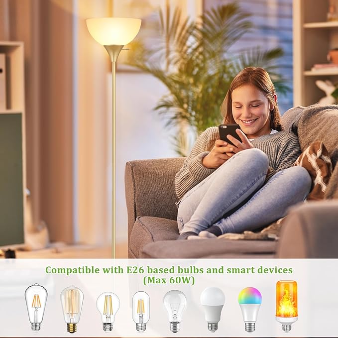 Floor Lamp, LED Standing Lamps with White Plastic Shade, Corner Floor Lights for Living Room Bedroom, Rotary Switch, Bulb not Included, Gold