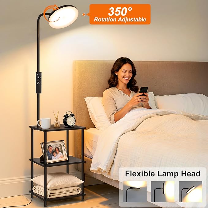 LED Floor Lamp with Table, 25W/3000LM Super Bright Floor Lamp with Remote, End Table with Lamp Attached Stepless Dimmable, Side Tables with Lamp with 350° Rotating Head for Living Room Bedroom Office