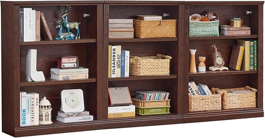 43" Walnut Tall Bookshelf Set of 3,3-Tier Thick Wooden Book Shelf with Adjustable Shelves,Free Standing Farmhouse Bookcase with Open Display Storage,Floor Vintage Bookshelves for Living Room