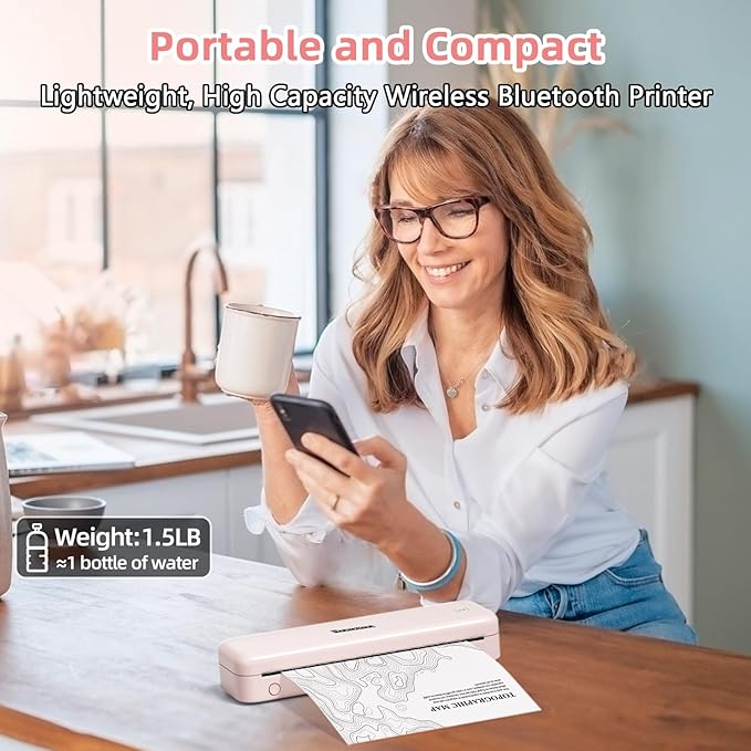 Phomemo M834 Portable Printer, Wireless Bluetooth Thermal Printer, Support 8.5" x 11" and A4 Szie Thermal Paper, Compatible with iOS, Android & PC, Mobile Printers for Travel, Office, School, Pink