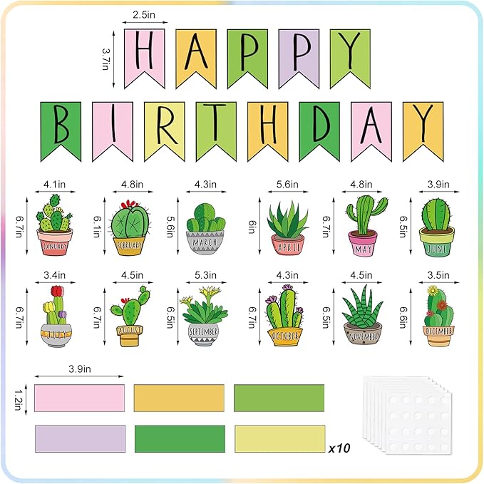 JarThenaAMCS 85Pcs Happy Birthday Bulletin Board Set Green Cactus Calendar Poster Plants Classroom Birthday Chart for Back to School Decorations
