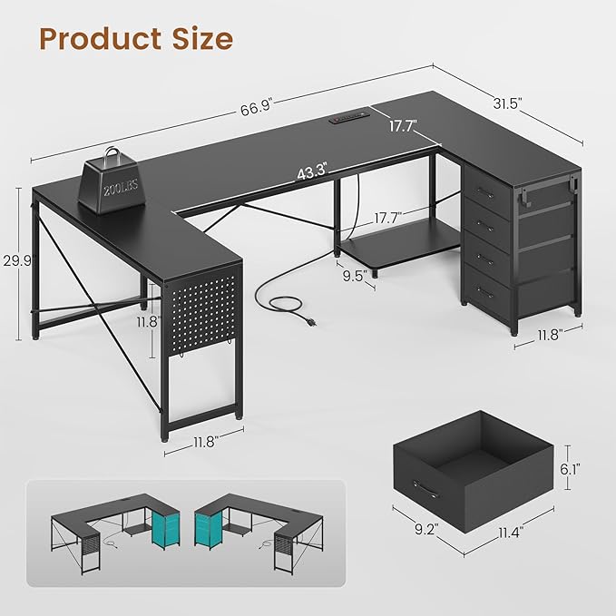 L Shaped Desk, 67" Reversible Computer Desk with 4 Fabric Drawers and Power Outlet, Corner U Shaped Desk with Shelf and Pegboard for Home Office, Black
