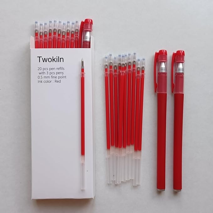 Red Pens and 0.5mm Pen Refill,Gel Pen Ink Refills Set Kit, 20 Pcs Red Ink Pen Refills with 3 Gel Pens(red Pen & Refill)