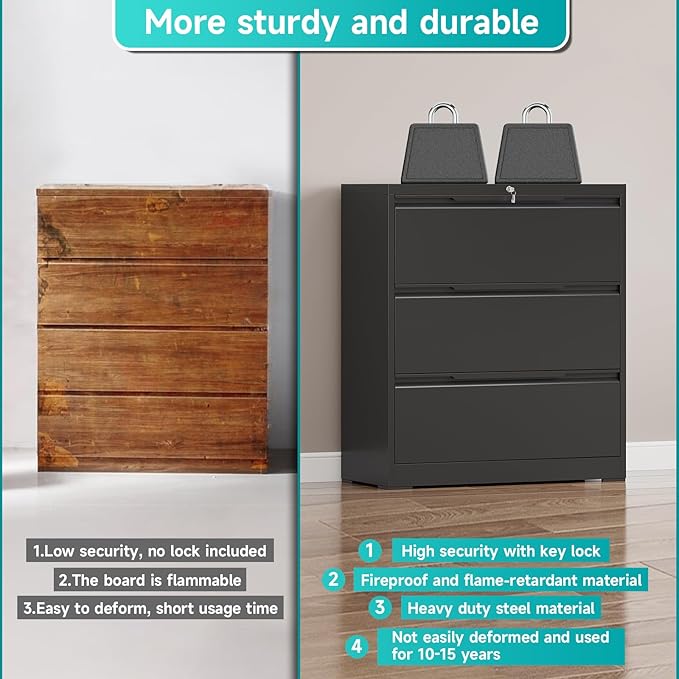 3 Drawer Lateral File Cabinet with Lock, Heavy-Duty Metal Filing Cabinet for Home Office, Steel Storage Compatible with Hanging Files Letter/Legal/F4/A4 Sizes (3 Drawer, Black)