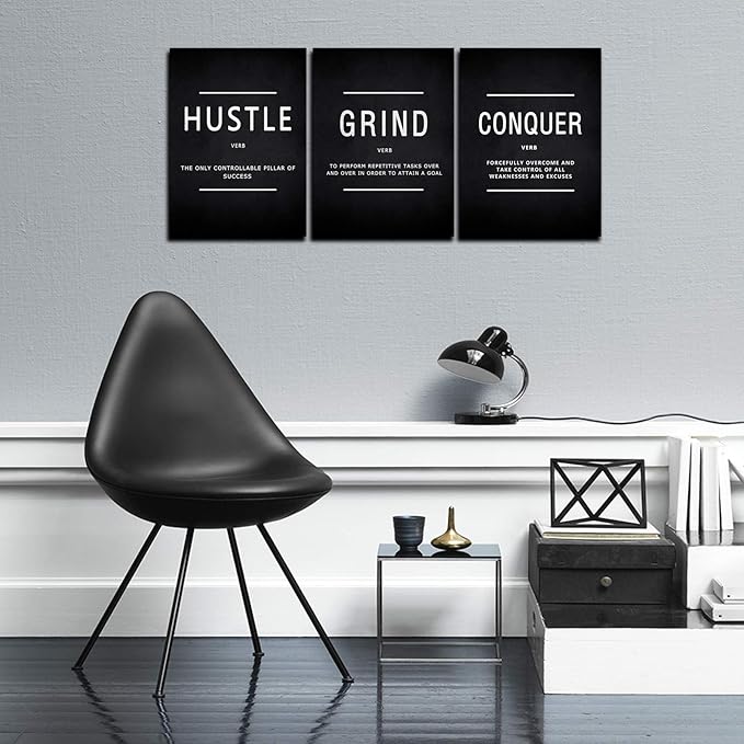 KAWAHONE Grind Hustle Conquer Success Wall Art, Motivation Canvas Wall Decor Framed Inspirational Painting Quotes Positive Poster Wall Hanging Picture for Home Office Workplace - 12" Wx16 Hx3piece