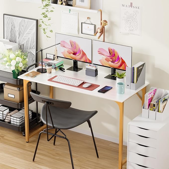 Dkelincs 47 Inch Computer Desk Home Office Desk Gaming Writing Desk Modern Simple Style Study Work Table with Metal Frame, Large Legroom, Adjustable Feet, Water-Resistant, Scratchproof Surface, Gold
