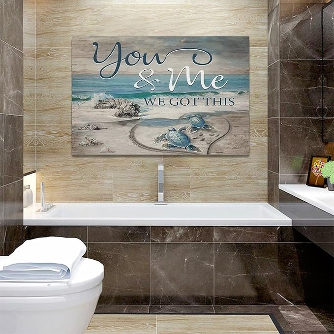 Beach Sea Turtle Bathroom Wall Art Coastal Turtle Love Pictures Wall Decor Ocean Nautical Canvas Seascape Painting Modern Artwork Home Decoration for Living Room Bedroom Office Framed 24"x16"