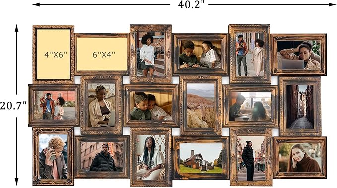 J.M.Deco Collage Picture Frames for Wall Decor, 18-Opening Reunion Family Friends Picture Frame Set, 4 x 6 Photo Frames for Living Room, Gallery Puzzle Collage Wall Hanging, Vintage Gold