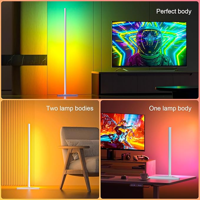 MIHEAL 2PCS Corner Floor Lamp, Synced Lights LED Control Floor Lamp RGB Light 56" Smart LED Corner Lamp App and Remote for Living Room Gaming Bedroom and Etc.