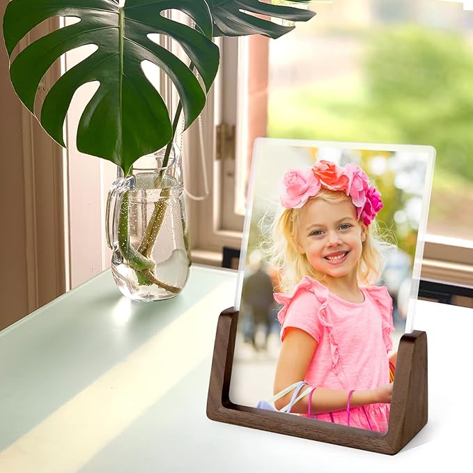 Mixoo 6x8 Picture Frame 2 Pack - Rustic Wooden Photo Frames with Walnut Wood Base and High Definition Break Free Acrylic Glass Covers for Desk or Tabletop Display (6×8 inch, Vertical + Vertical)