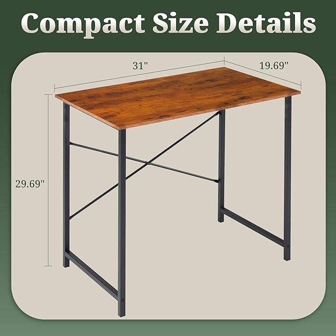 Computer Desk 32 Inch, Simple Home Office Desk Study Writing Table, Sturdy Metal Frame, Scratch-Resistant MDF Desktop for Bedroom Dorm Workspace Small Space, Brown