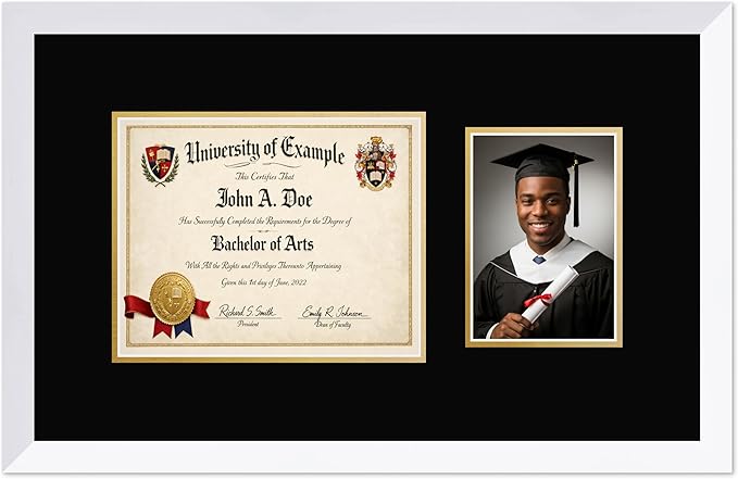 CountryArtHouse Fits 10 x 8 Professional License and 5 x 7 Photo Diploma and Photo Frame Bright White Genuine Hardwood with Black Over Metallic Gold Double mat