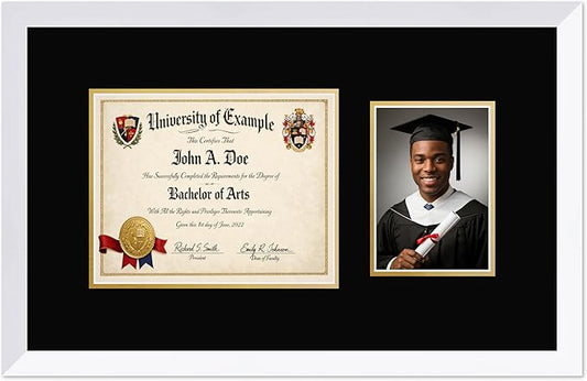 CountryArtHouse Fits 10 x 8 Professional License and 5 x 7 Photo Diploma and Photo Frame Bright White Genuine Hardwood with Black Over Metallic Gold Double mat
