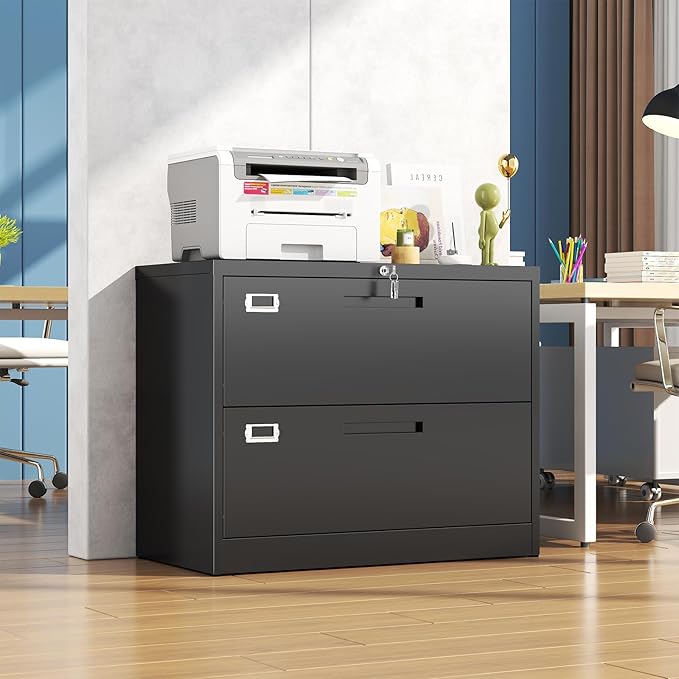 2 Drawer Locking Lateral File Cabinet, Wide&Deep Black Metal Filing Cabinet for Letter/Legal/A4/F4 Files, Includes Card Holder and Hanging Folders for Home Office, School, Business