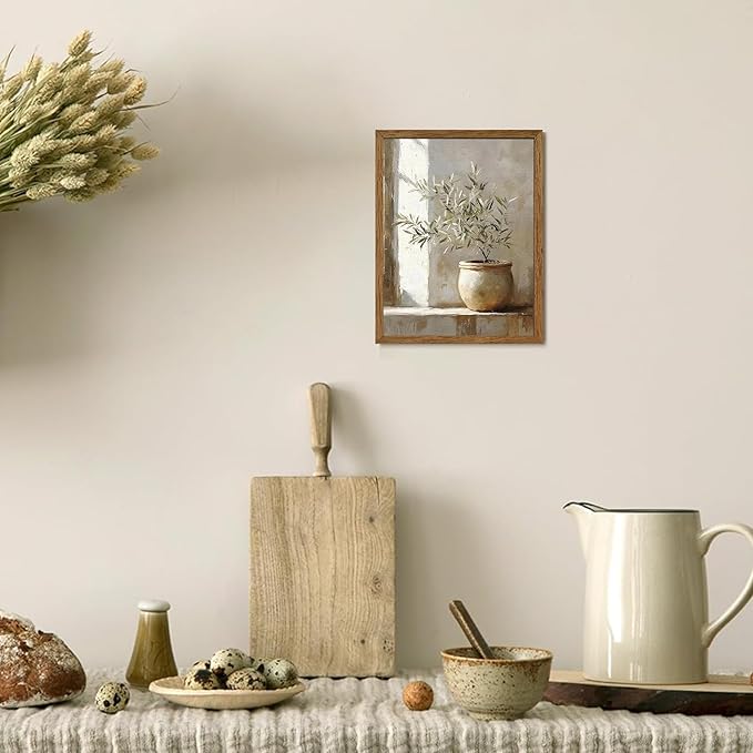 AVECCO Framed Vintage Olive Botanical Tree Canvas Wall Art, Rustic Farmhouse Wall Decor, Unique Plant Art Prints for Bathroom Bedroom Living Room Office Home Kitchen Decoration Ready to Hang 8x10 Inch