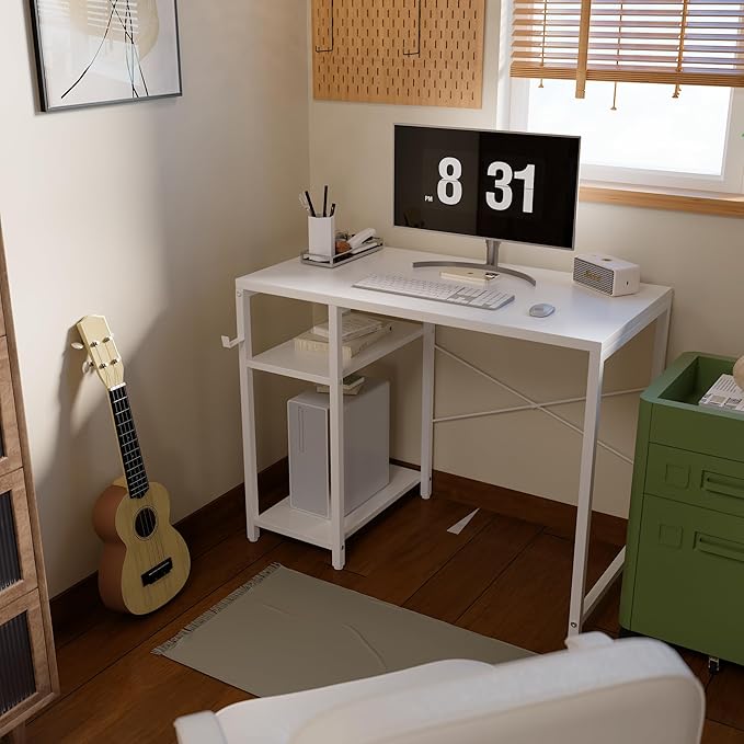 Pamray 32 Inch Small Computer Desk with Shelves, Home Office Desk with Headphone Hook for Bedroom, Study Writing PC Table for Small Spaces, White