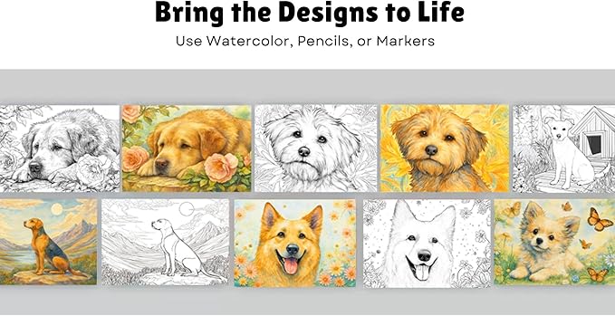 Artwink Watercolor Coloring Cards – Dog Theme, 15 Sheets (5x7 Inches, 300gsm), Works with Watercolor, Colored Pencils, or Markers, Great for Coloring Book Lovers & Watercolor Painting Practice