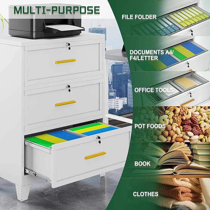 3 Drawer File Cabinet with Lock, Metal Lateral File Cabinets for Home Office, Steel Wide Filing Organization Storage Cabinets, Home Office Furniture for Hanging Files Letter/Legal/F4/A4 Size