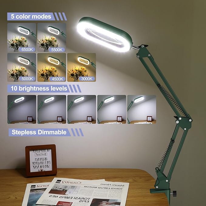 10X Rectangle Magnifying Glass with Light and Stand, 5 * 3 Inch Real Glass 5 Color Modes Stepless Dimmable LED Floor Lamp, 3-in-1 Large Lighted Magnifier for Reading Painting Craft Close Work - Green